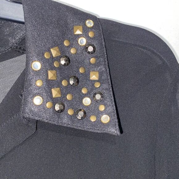 NY Collection Top Women's Large Black Chiffon Studded Collar Roll Tab Sleeve NWT - Picture 4 of 10